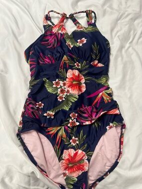 Girls Floral Navy One-Piece Swimsuit - Tropical Print